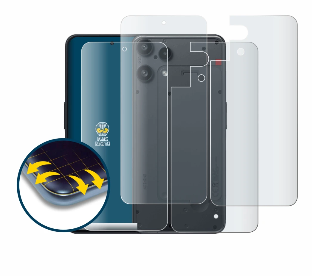 Imagen del dispositivo Nothing Phone (3a) Lite (Frontal+Trasero) con una amplia variedad de protectores de pantalla.