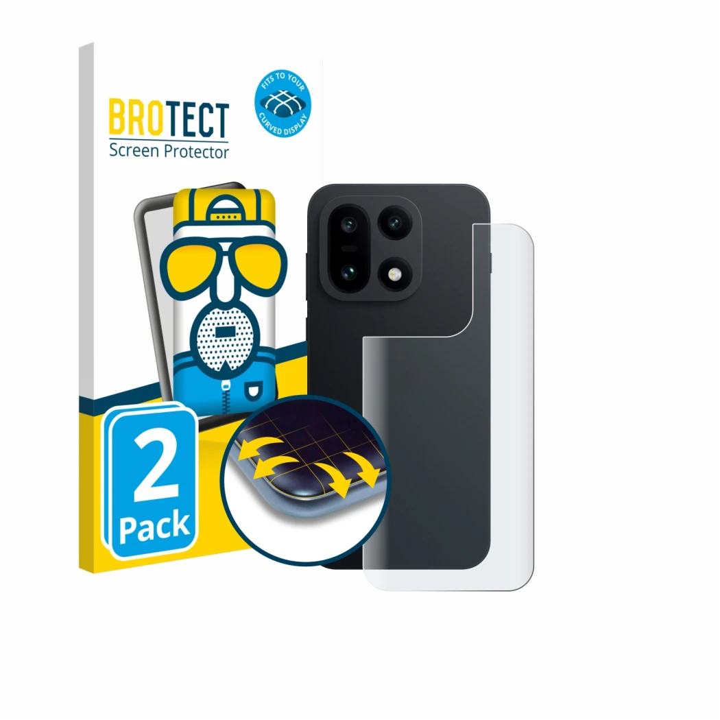 Parte frontal de un envase de producto con el logotipo de la marca BROTECT. Al lado se muestra el dispositivo OnePlus 15 (Tras