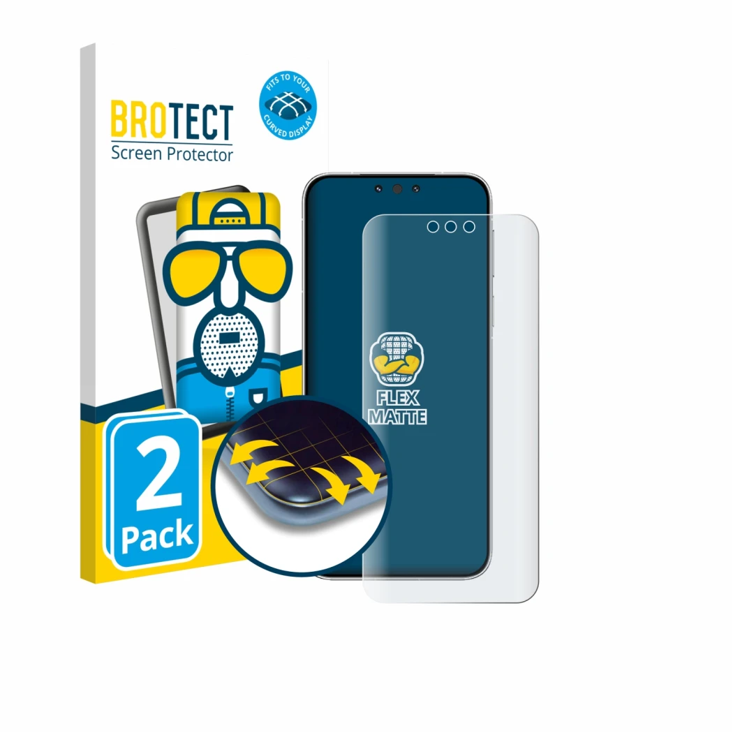 Parte frontal de un envase de producto con el logotipo de la marca BROTECT. Al lado se muestra el dispositivo Huawei Mate 80 P