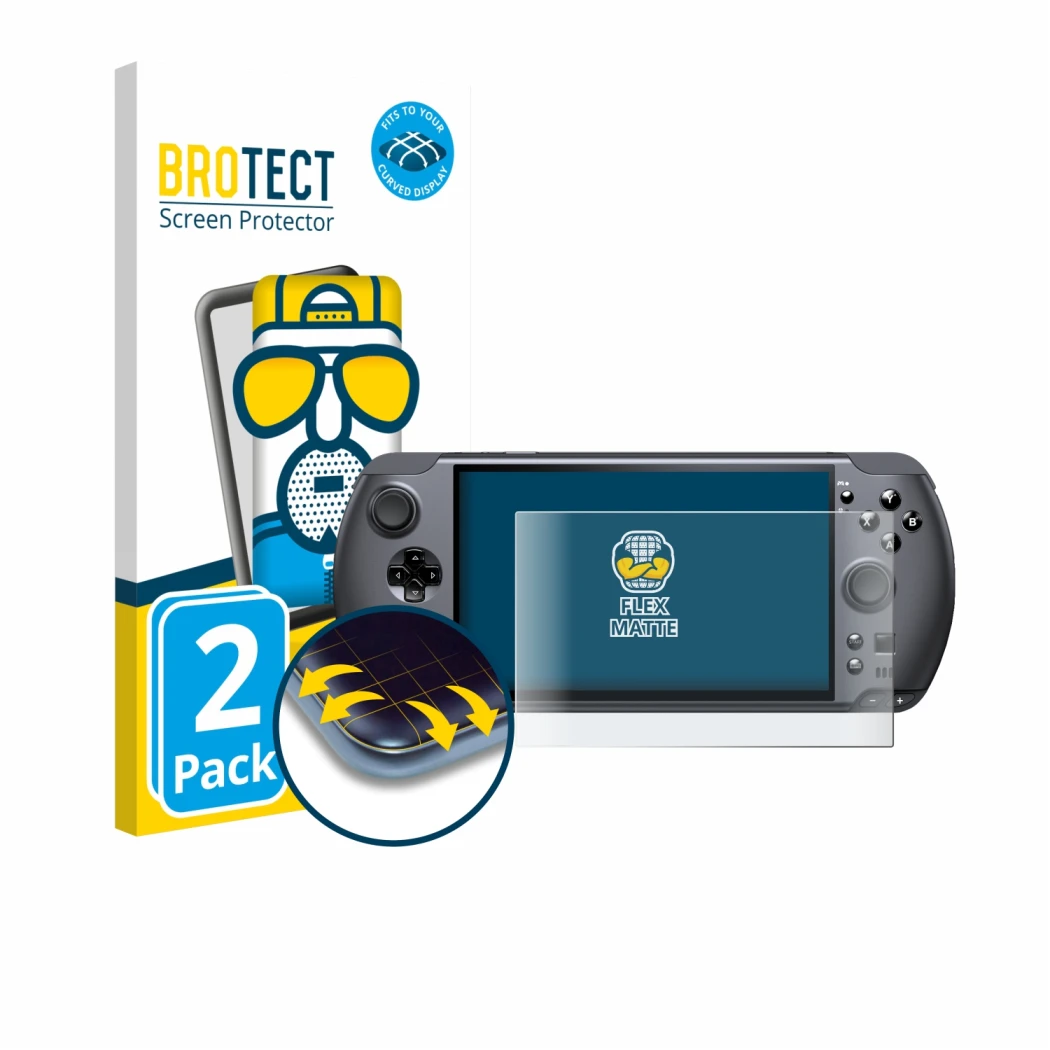 Parte frontal de un envase de producto con el logotipo de la marca BROTECT. Al lado se muestra el dispositivo GPD Win 5 con su