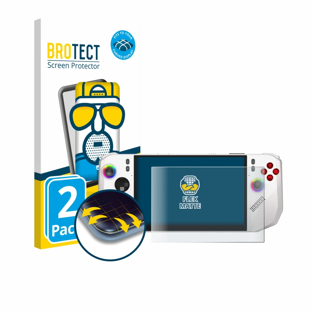 Parte frontal de un envase de producto con el logotipo de la marca BROTECT. Al lado se muestra el dispositivo MSI Claw A8 BZ2E