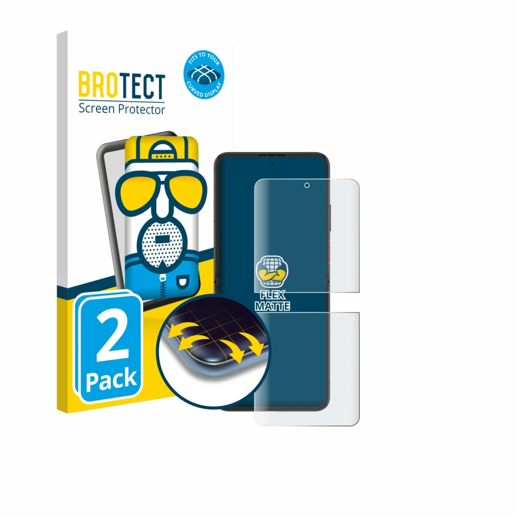 Parte frontal de un envase de producto con el logotipo de la marca BROTECT. Al lado se muestra el dispositivo Nubia Flip 2 con