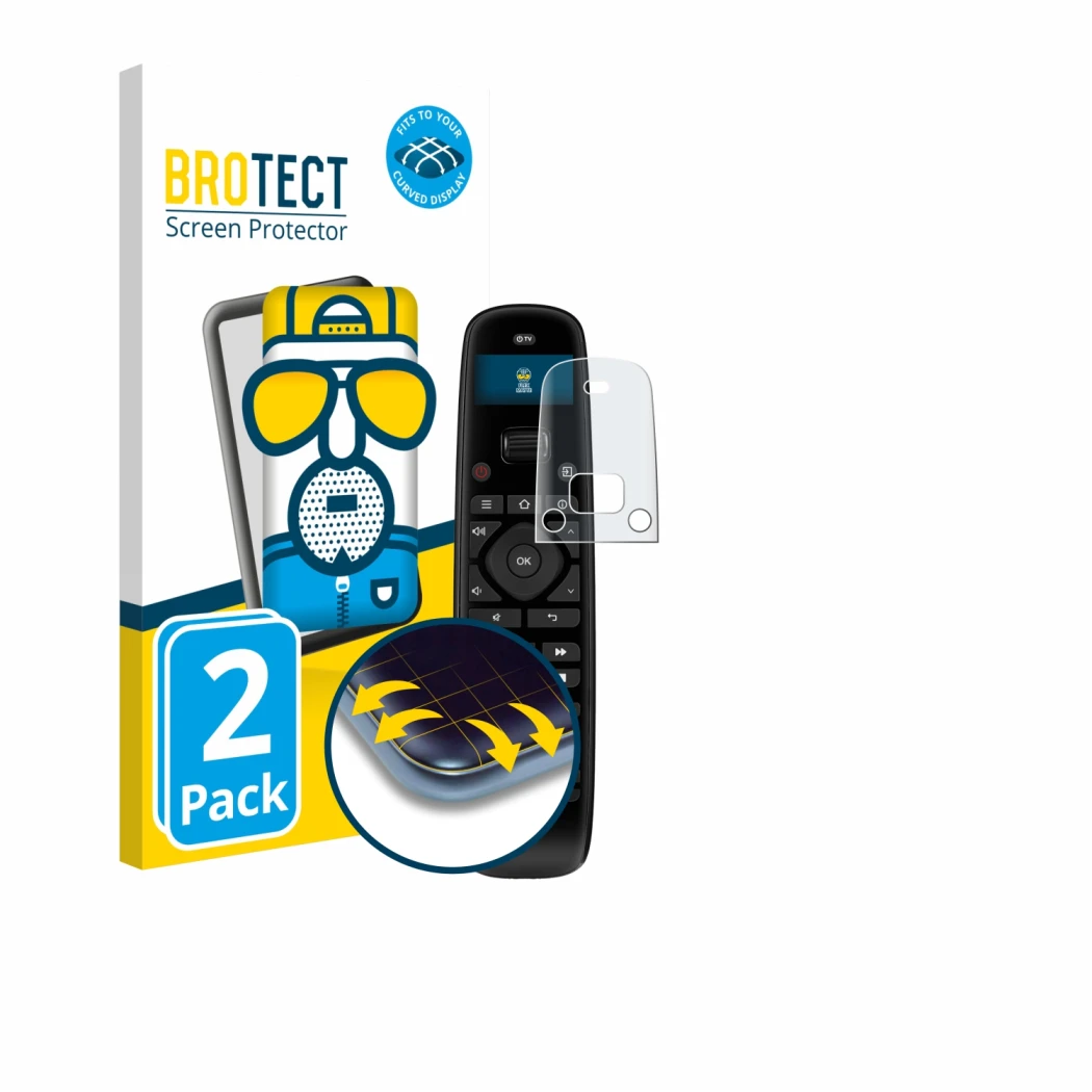Parte frontal de un envase de producto con el logotipo de la marca BROTECT. Al lado se muestra el dispositivo Sofabaton U2 con