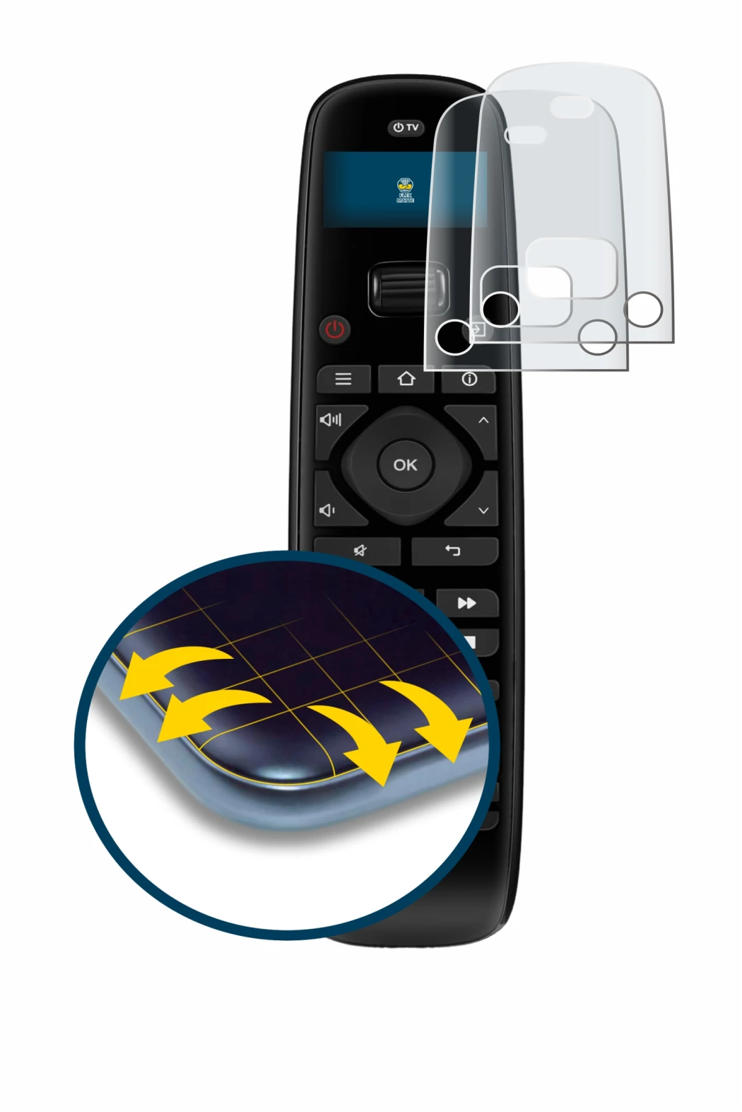 Imagen del dispositivo Sofabaton U2 con una amplia variedad de protectores de pantalla.