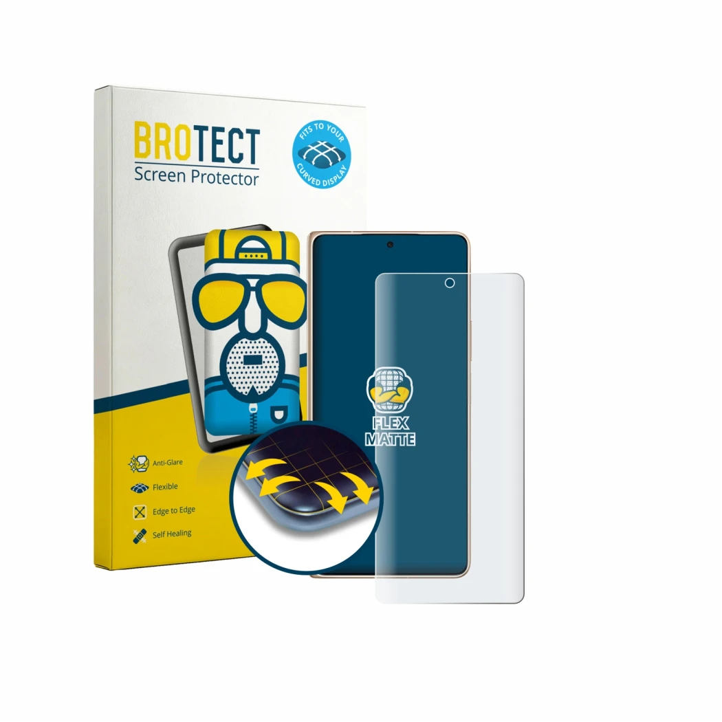 Parte frontal de un envase de producto con el logotipo de la marca BROTECT. Al lado se muestra el dispositivo Honor Magic V6 c