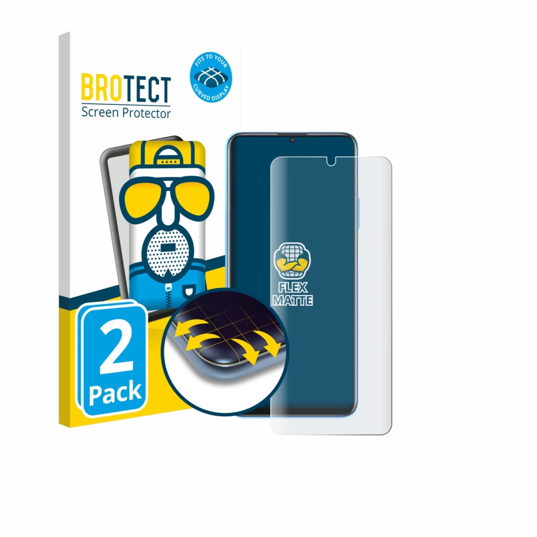 Parte frontal de un envase de producto con el logotipo de la marca BROTECT. Al lado se muestra el dispositivo Huawei Enjoy 70z