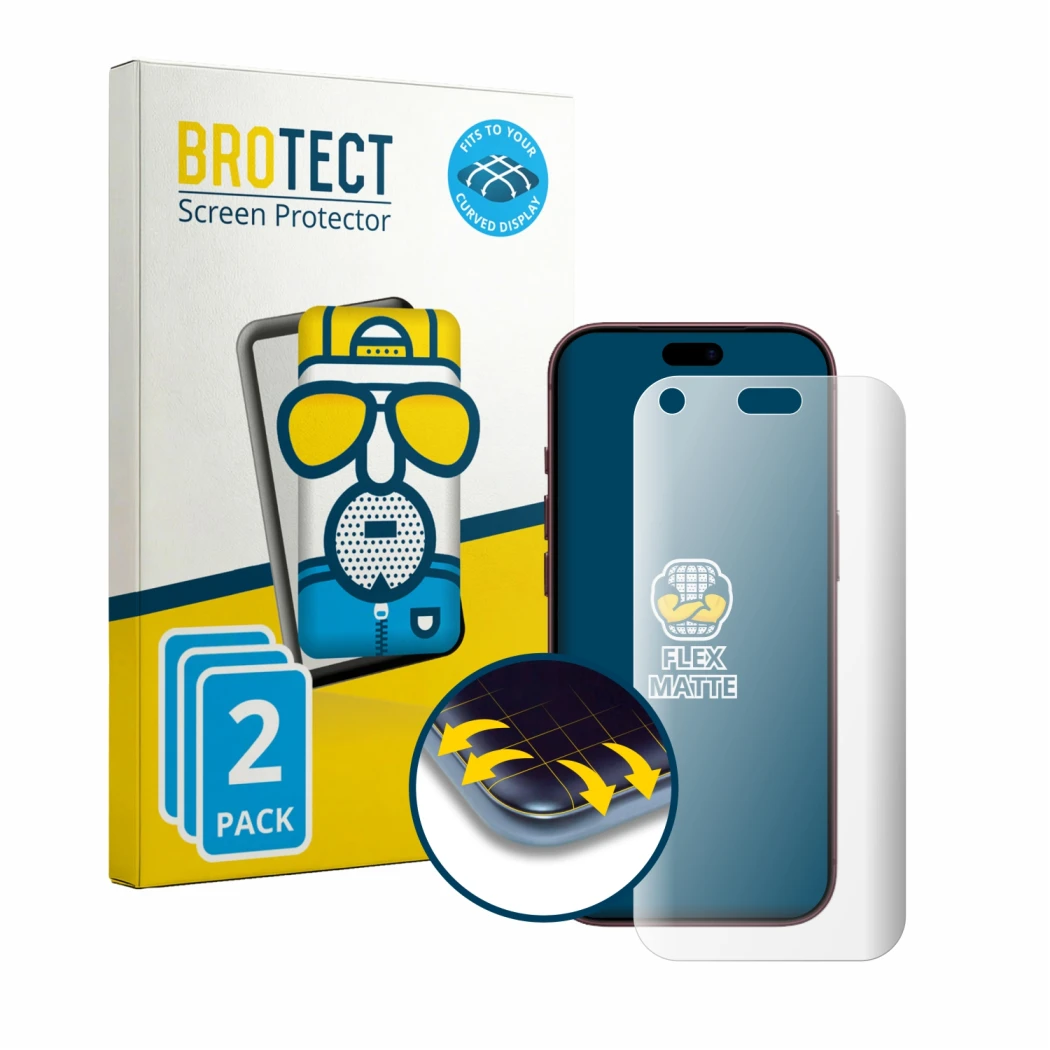 Parte frontal de un envase de producto con el logotipo de la marca BROTECT. Al lado se muestra el dispositivo Apple iPhone 18