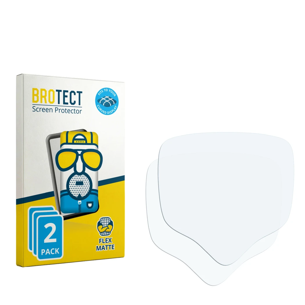 Parte frontal de un envase de producto con el logotipo de la marca BROTECT. Al lado está el protector de pantalla correspondie