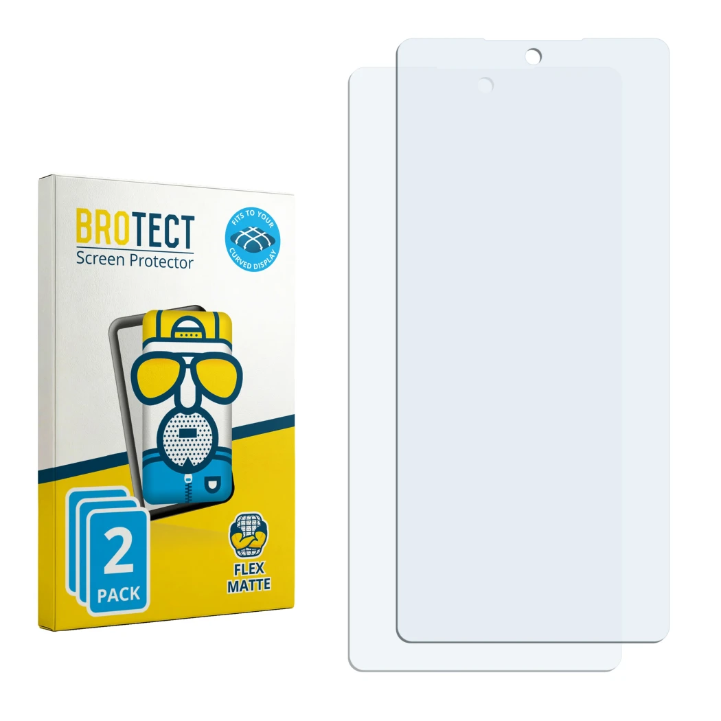 Parte frontal de un envase de producto con el logotipo de la marca BROTECT. Al lado está el protector de pantalla correspondie