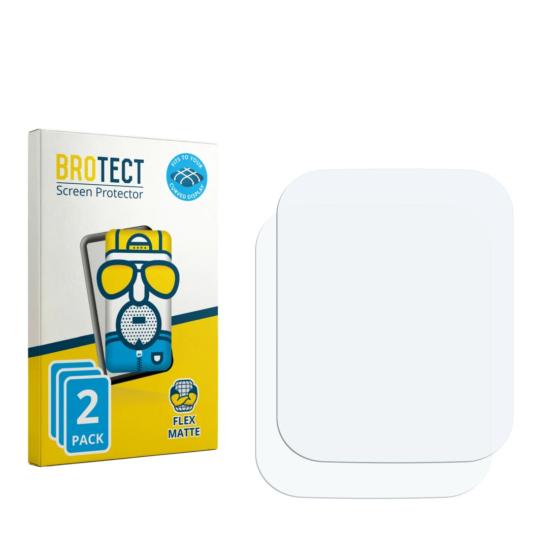 Parte frontal de un envase de producto con el logotipo de la marca BROTECT. Al lado está el protector de pantalla correspondie