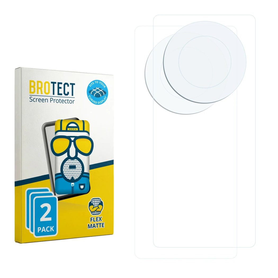 Parte frontal de un envase de producto con el logotipo de la marca BROTECT. Al lado está el protector de pantalla correspondie