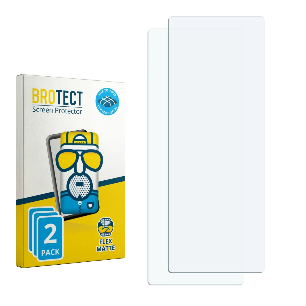 Parte frontal de un envase de producto con el logotipo de la marca BROTECT. Al lado está el protector de pantalla correspondie