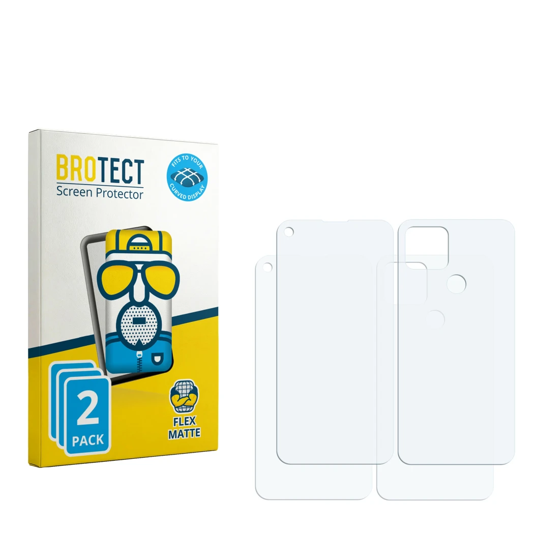 Parte frontal de un envase de producto con el logotipo de la marca BROTECT. Al lado está el protector de pantalla correspondie