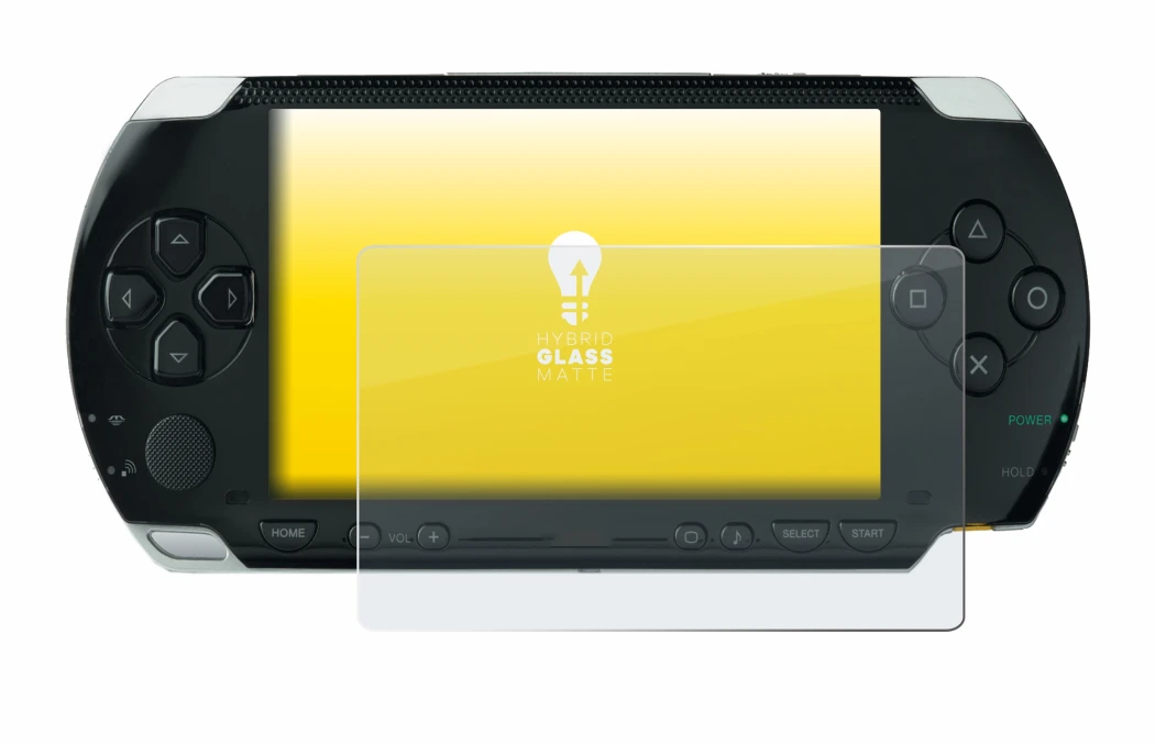 Imagen del dispositivo Sony PSP 1000 con una amplia variedad de protectores de pantalla.