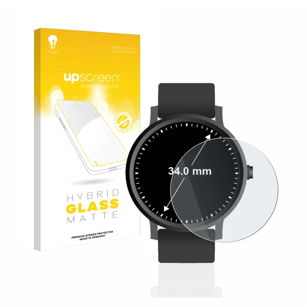 Parte frontal de un envase de producto con el logotipo de la marca upscreen. Al lado se muestra el dispositivo Relojes (Circul