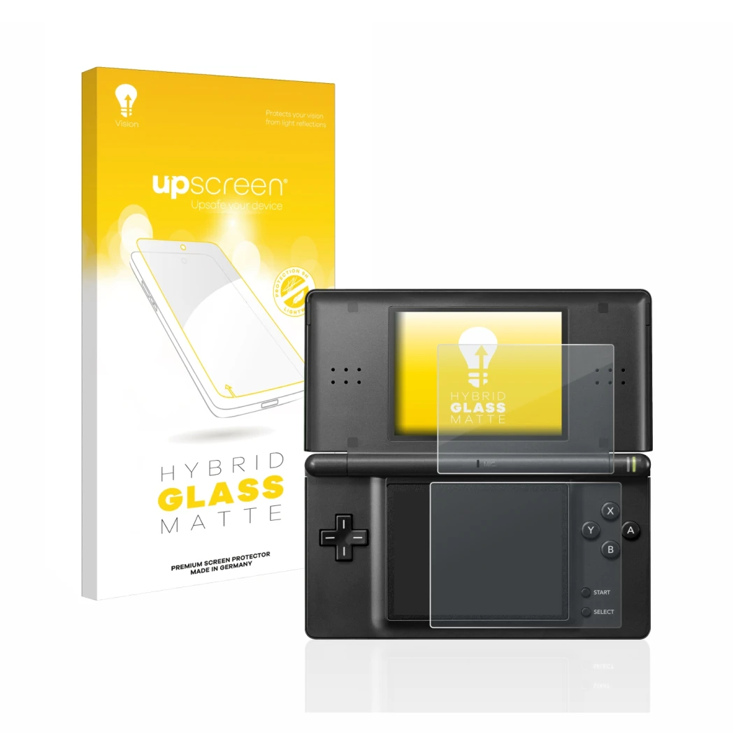 Parte frontal de un envase de producto con el logotipo de la marca upscreen. Al lado se muestra el dispositivo Nintendo DS LIT