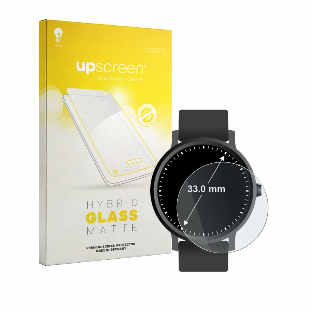 Parte frontal de un envase de producto con el logotipo de la marca upscreen. Al lado se muestra el dispositivo Relojes (Circul