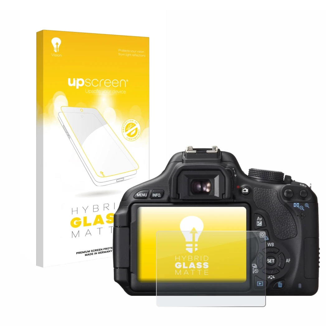 Parte frontal de un envase de producto con el logotipo de la marca upscreen. Al lado se muestra el dispositivo Canon EOS 600D 