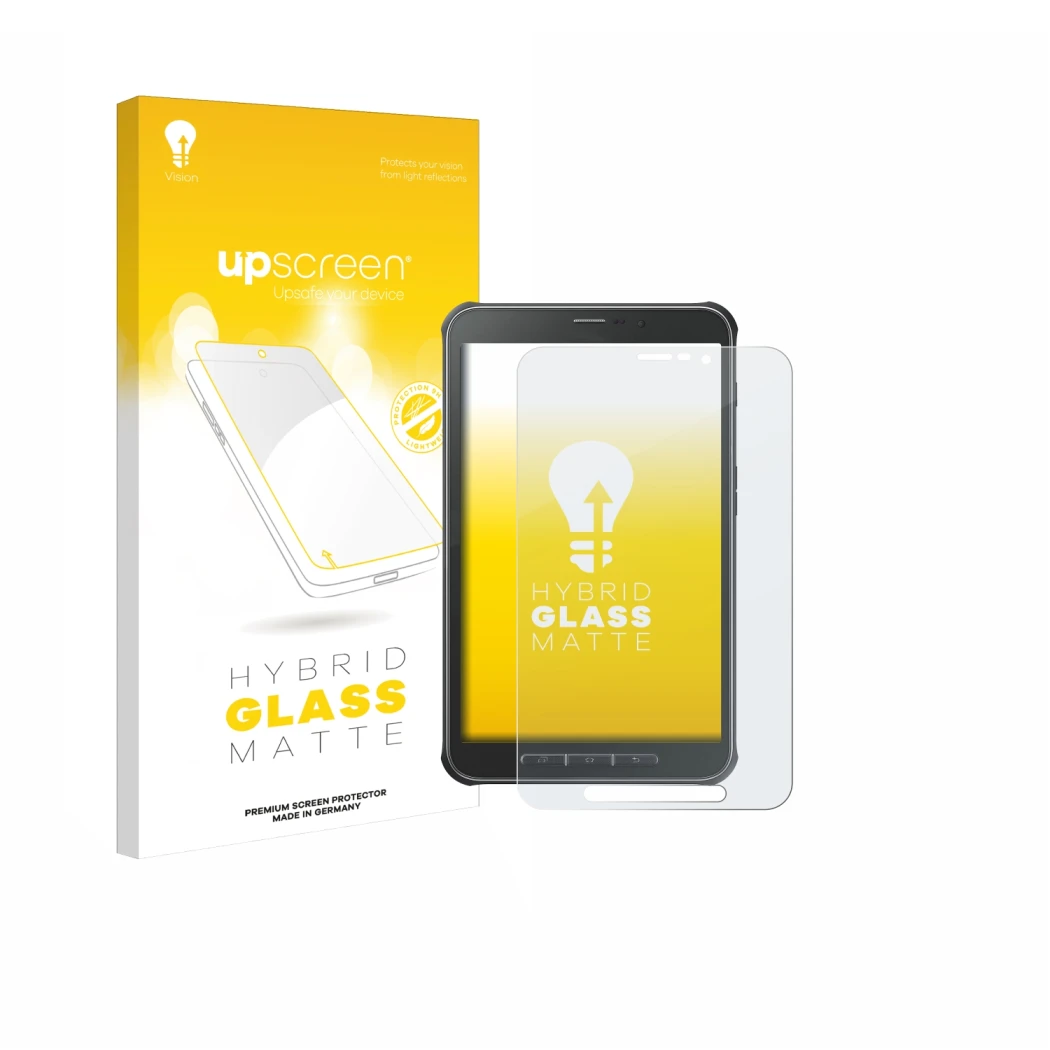 Parte frontal de un envase de producto con el logotipo de la marca upscreen. Al lado se muestra el dispositivo Samsung Galaxy 