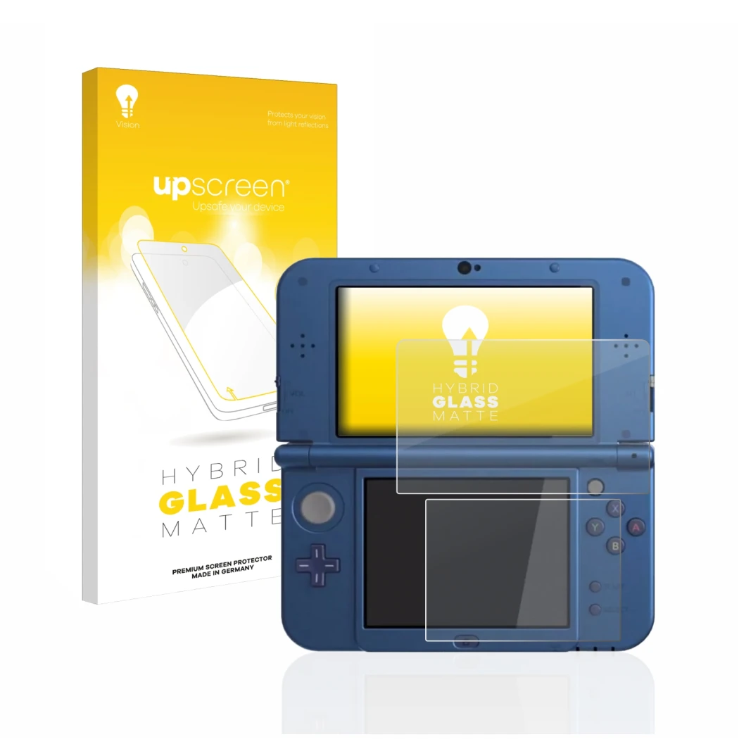 Parte frontal de un envase de producto con el logotipo de la marca upscreen. Al lado se muestra el dispositivo Nintendo New 3D