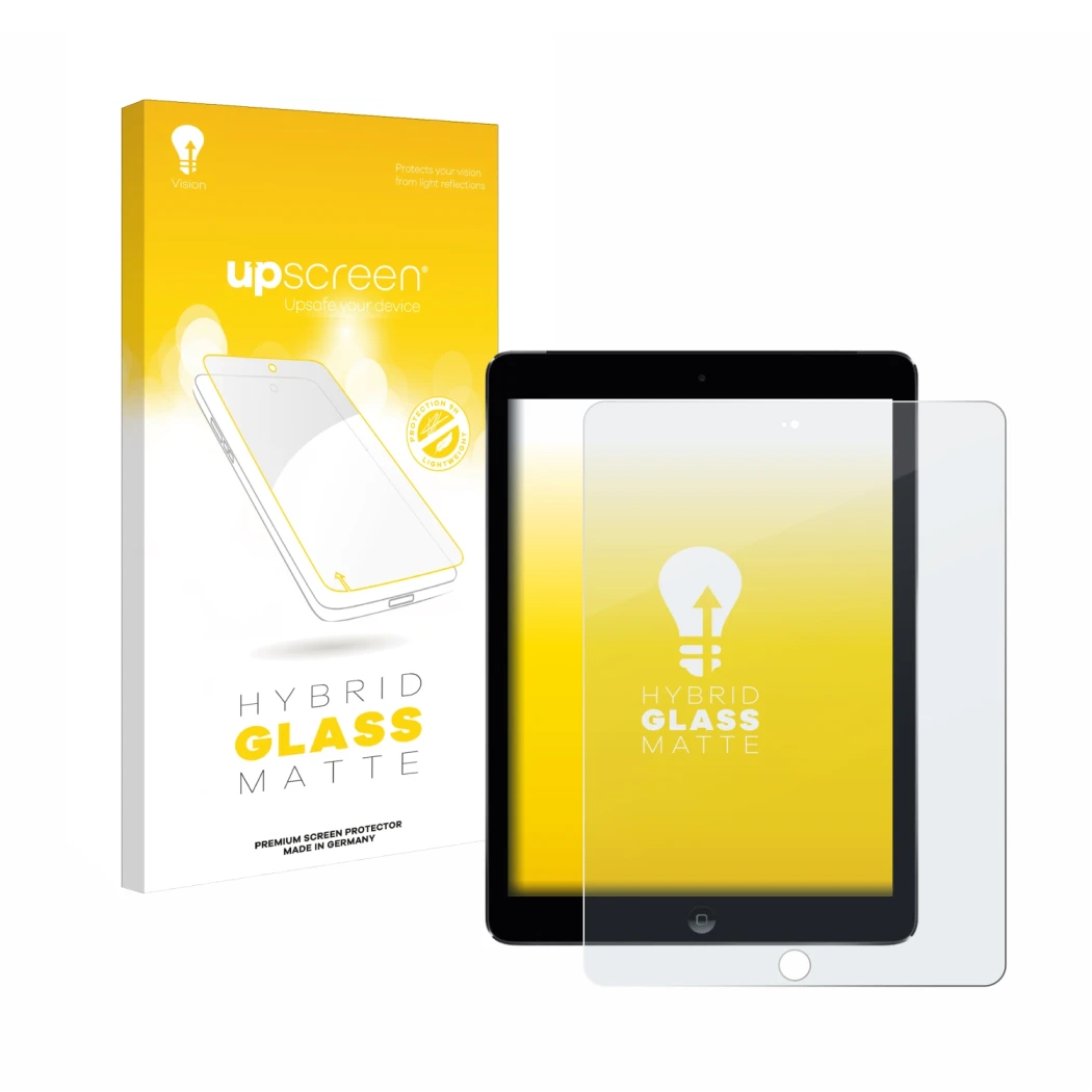 Parte frontal de un envase de producto con el logotipo de la marca upscreen. Al lado se muestra el dispositivo Apple iPad Air 