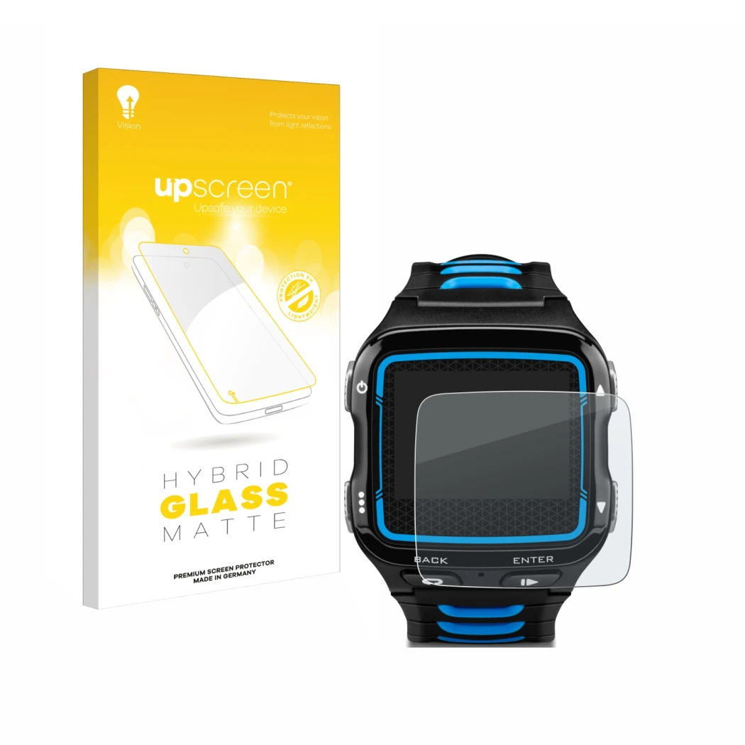 Parte frontal de un envase de producto con el logotipo de la marca upscreen. Al lado se muestra el dispositivo Garmin Forerunn