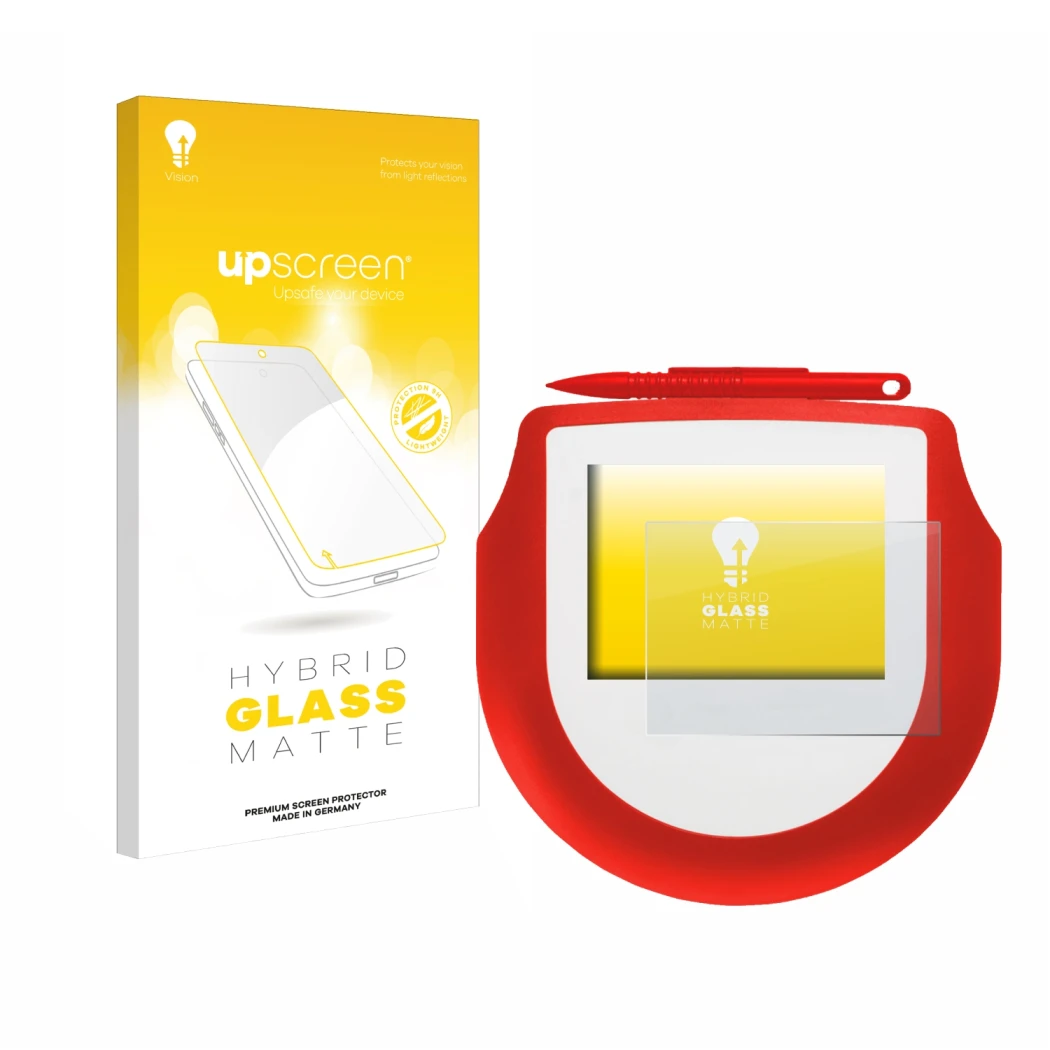 Parte frontal de un envase de producto con el logotipo de la marca upscreen. Al lado se muestra el dispositivo Signotec Signat