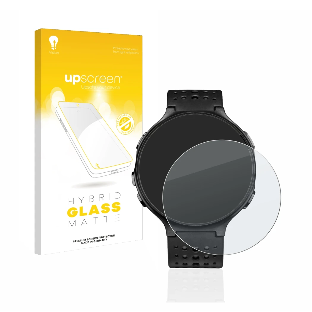 Parte frontal de un envase de producto con el logotipo de la marca upscreen. Al lado se muestra el dispositivo Garmin Forerunn