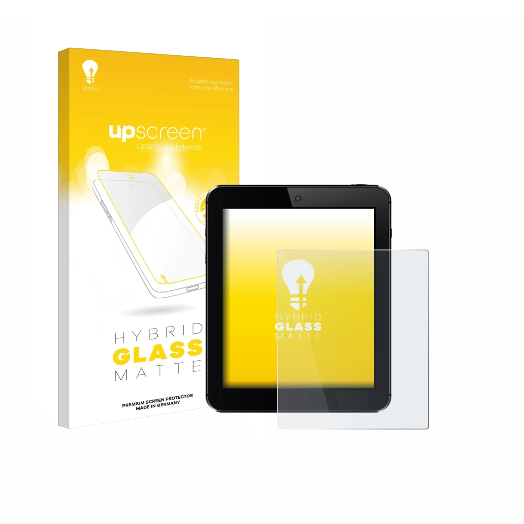 Parte frontal de un envase de producto con el logotipo de la marca upscreen. Al lado se muestra el dispositivo con su protecto