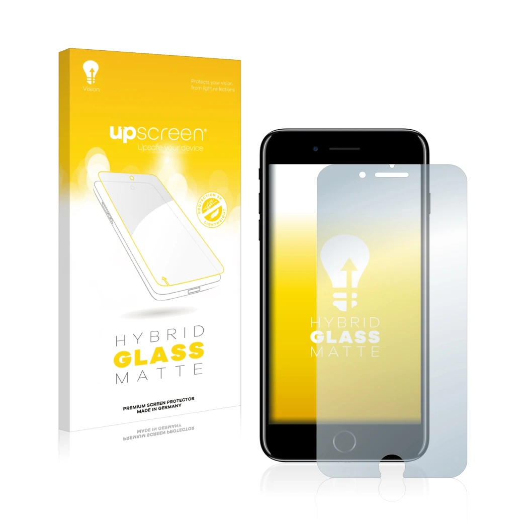 Parte frontal de un envase de producto con el logotipo de la marca upscreen. Al lado se muestra el dispositivo Apple iPhone 7 