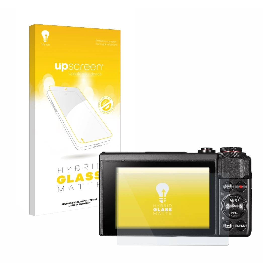 Parte frontal de un envase de producto con el logotipo de la marca upscreen. Al lado se muestra el dispositivo Canon PowerShot