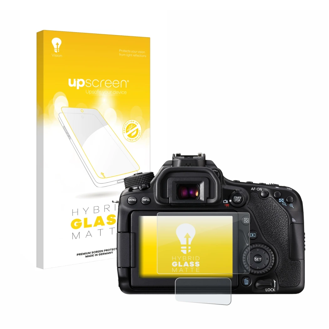 Parte frontal de un envase de producto con el logotipo de la marca upscreen. Al lado se muestra el dispositivo Canon EOS 80D c
