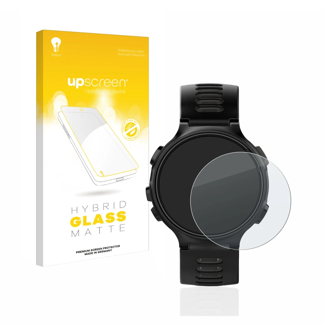 Parte frontal de un envase de producto con el logotipo de la marca upscreen. Al lado se muestra el dispositivo Garmin Forerunn