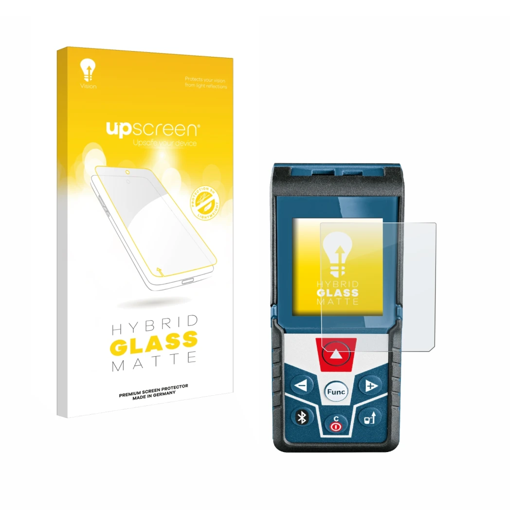 Parte frontal de un envase de producto con el logotipo de la marca upscreen. Al lado se muestra el dispositivo Bosch GLM 50 C 