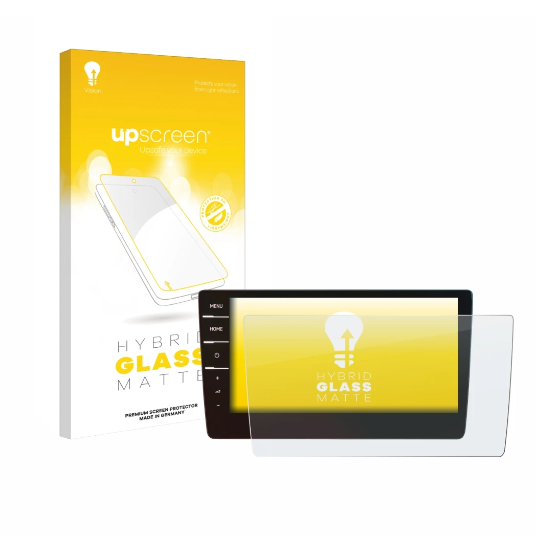 Parte frontal de un envase de producto con el logotipo de la marca upscreen. Al lado se muestra el dispositivo Volkswagen Golf