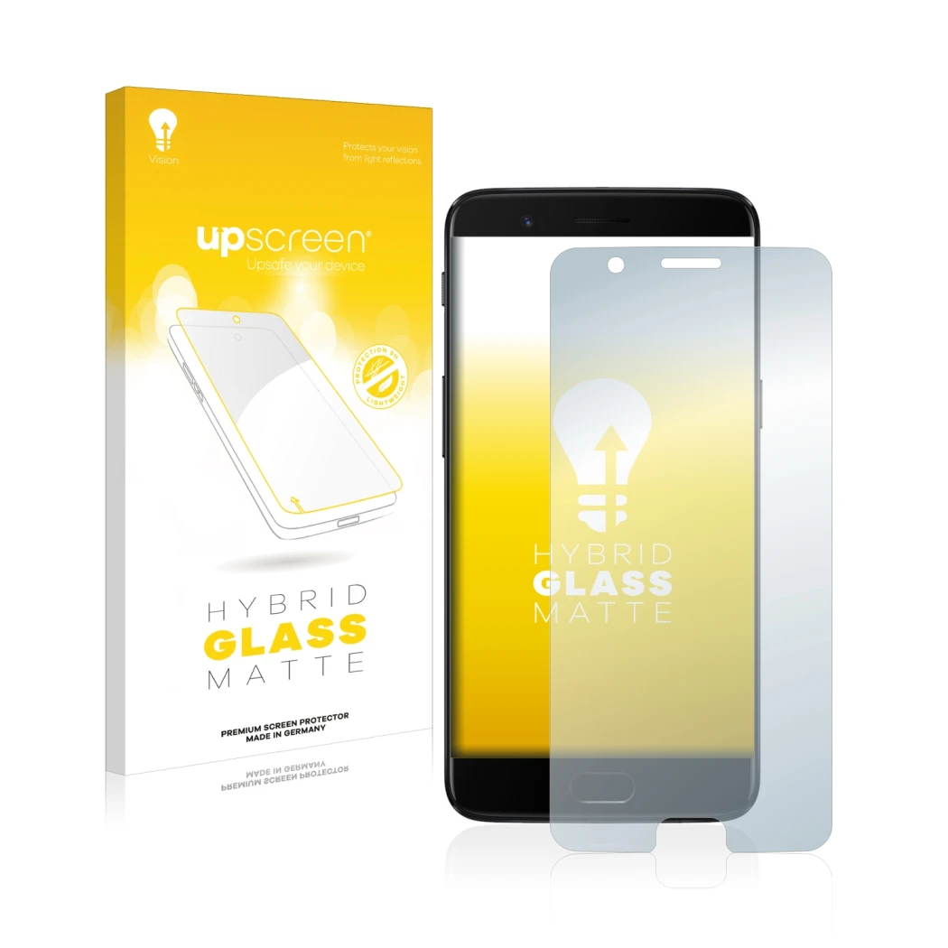 Parte frontal de un envase de producto con el logotipo de la marca upscreen. Al lado se muestra el dispositivo OnePlus 5 con s