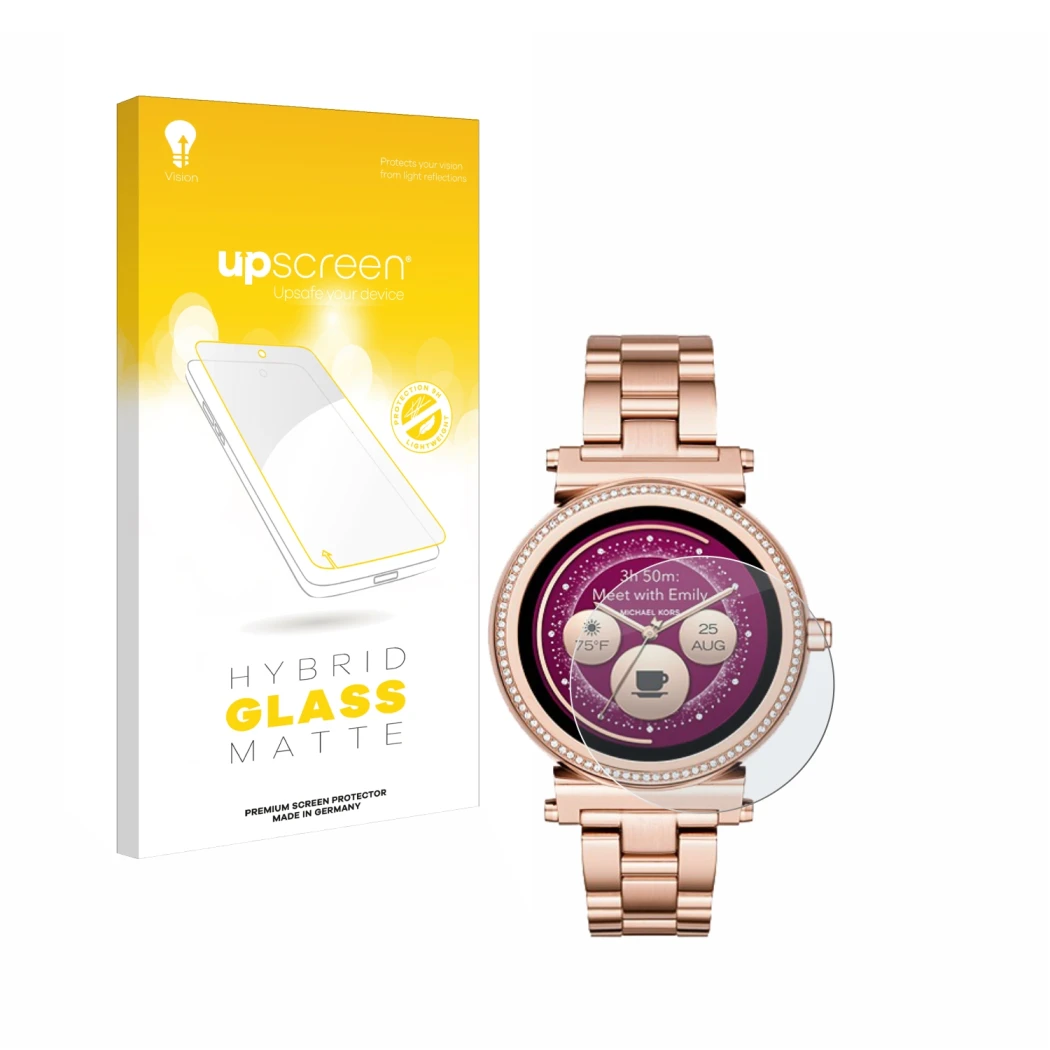 Parte frontal de un envase de producto con el logotipo de la marca upscreen. Al lado se muestra el dispositivo Michael Kors Ac