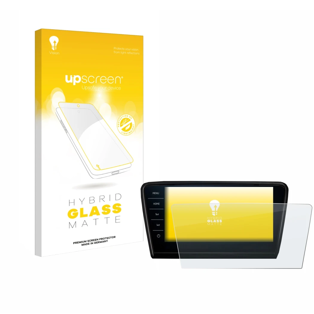 Parte frontal de un envase de producto con el logotipo de la marca upscreen. Al lado se muestra el dispositivo Skoda Octavia 2