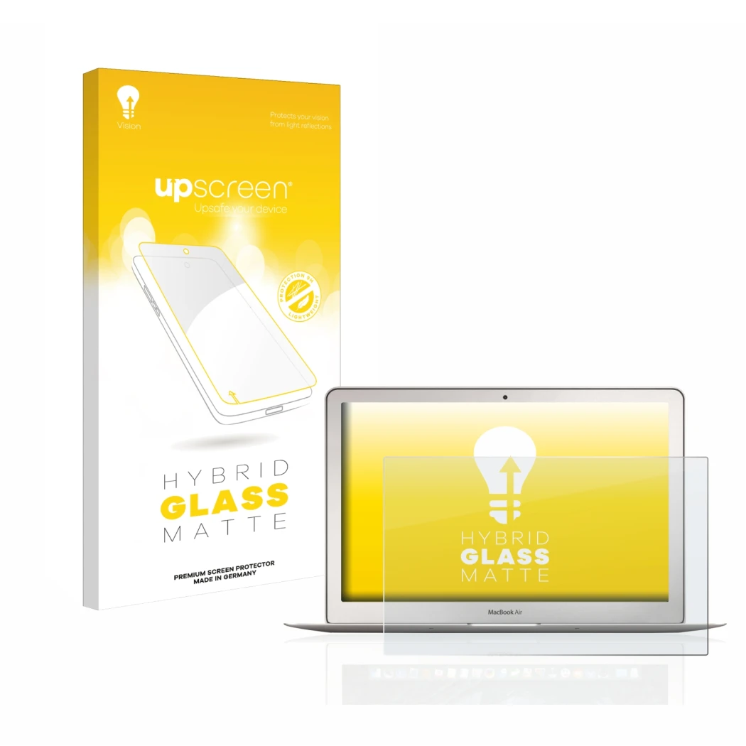 Parte frontal de un envase de producto con el logotipo de la marca upscreen. Al lado se muestra el dispositivo Apple MacBook A