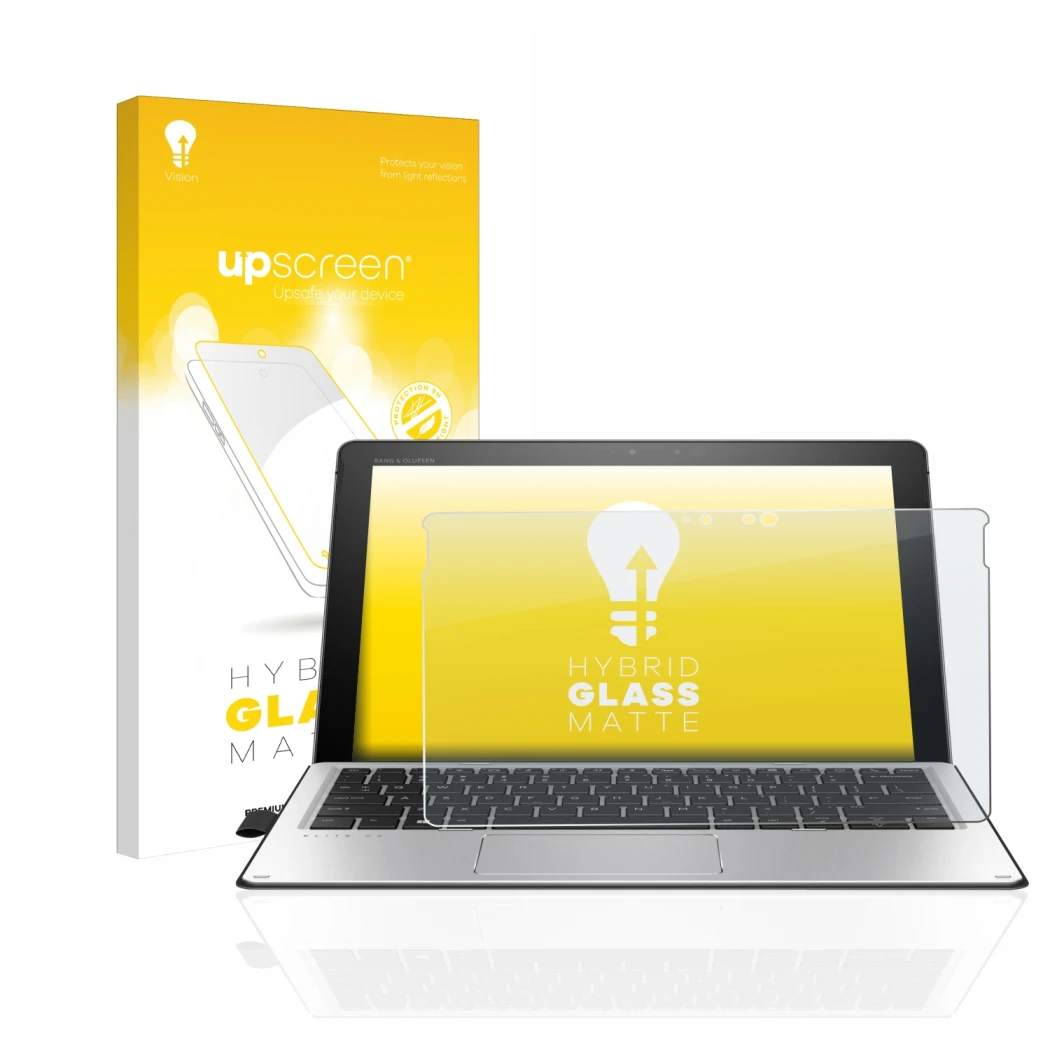 Parte frontal de un envase de producto con el logotipo de la marca upscreen. Al lado se muestra el dispositivo HP Elite x2 101