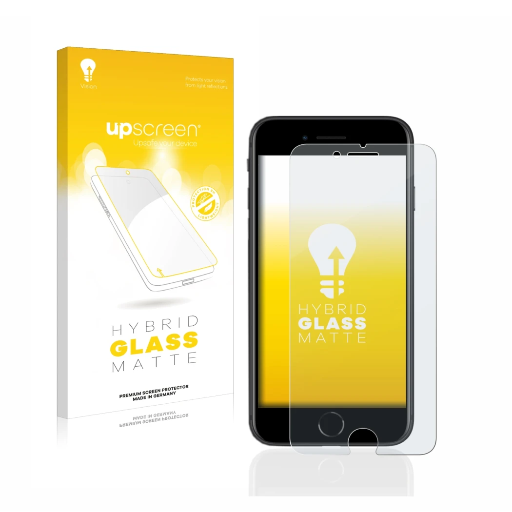 Parte frontal de un envase de producto con el logotipo de la marca upscreen. Al lado se muestra el dispositivo Apple iPhone SE