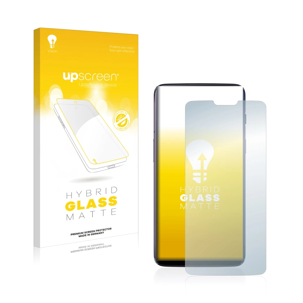 Parte frontal de un envase de producto con el logotipo de la marca upscreen. Al lado se muestra el dispositivo OnePlus 6 con s