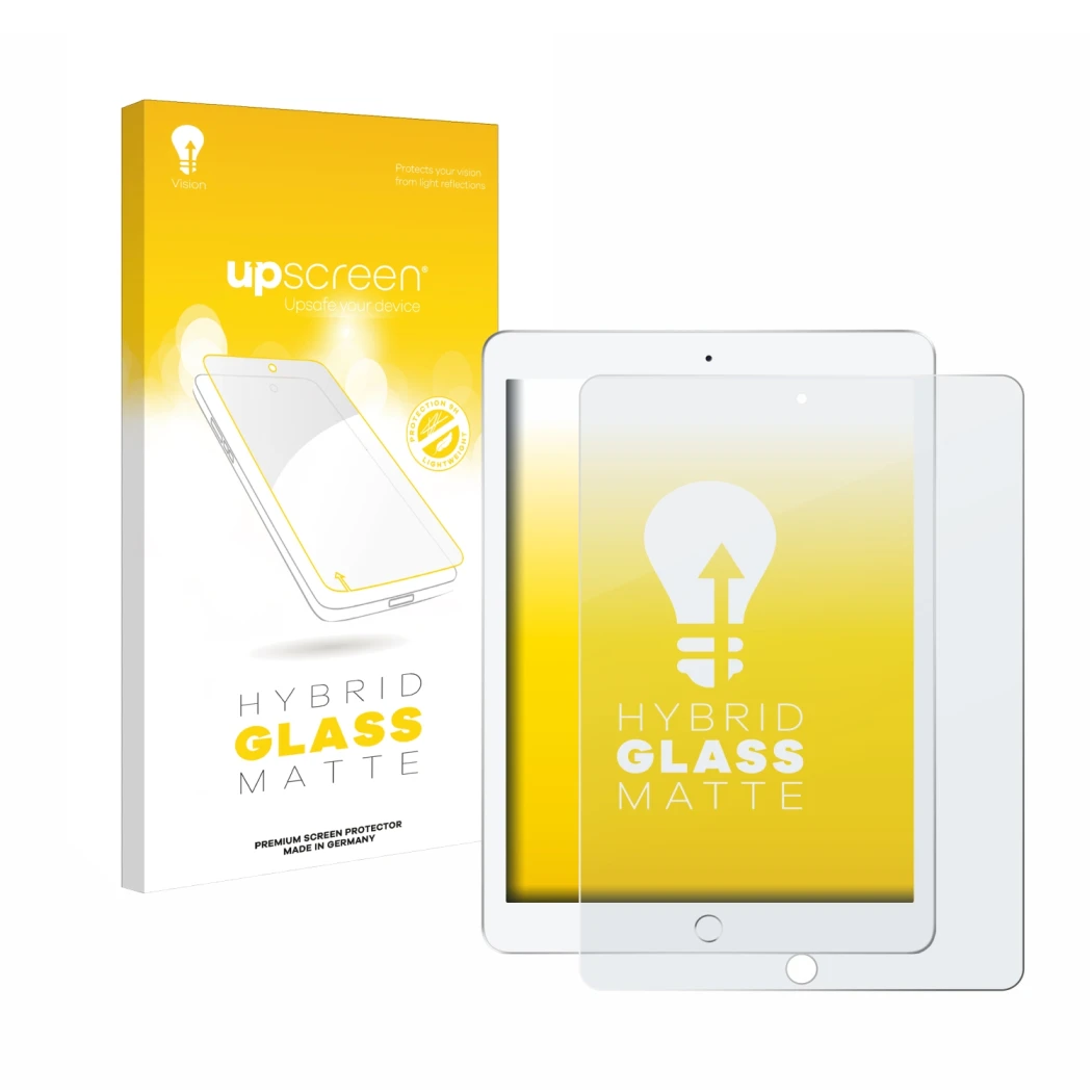 Parte frontal de un envase de producto con el logotipo de la marca upscreen. Al lado se muestra el dispositivo Apple iPad 9.7