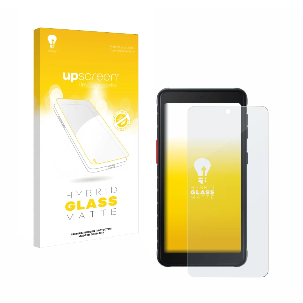 Parte frontal de un envase de producto con el logotipo de la marca upscreen. Al lado se muestra el dispositivo Samsung Galaxy 