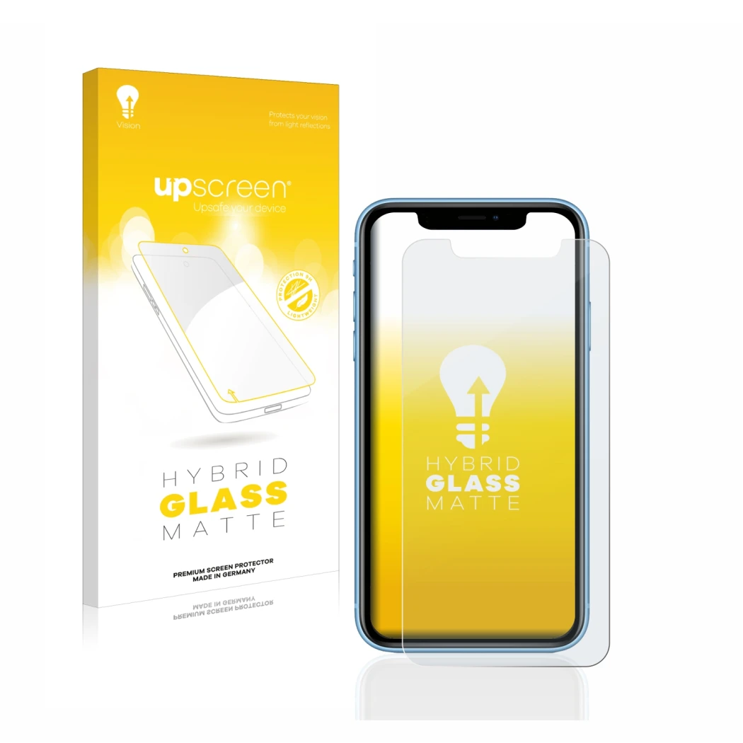 Parte frontal de un envase de producto con el logotipo de la marca upscreen. Al lado se muestra el dispositivo Apple iPhone XR