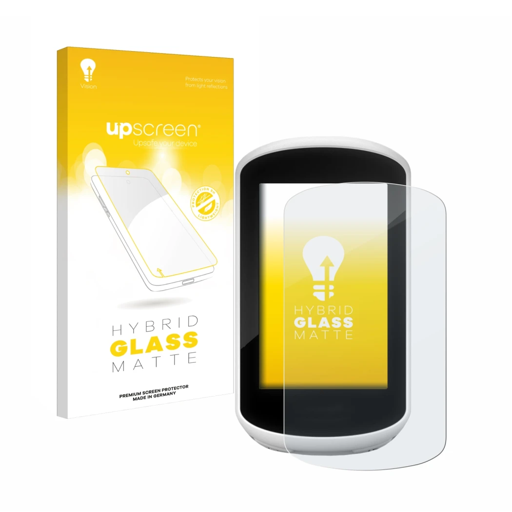 Parte frontal de un envase de producto con el logotipo de la marca upscreen. Al lado se muestra el dispositivo Garmin Edge Exp