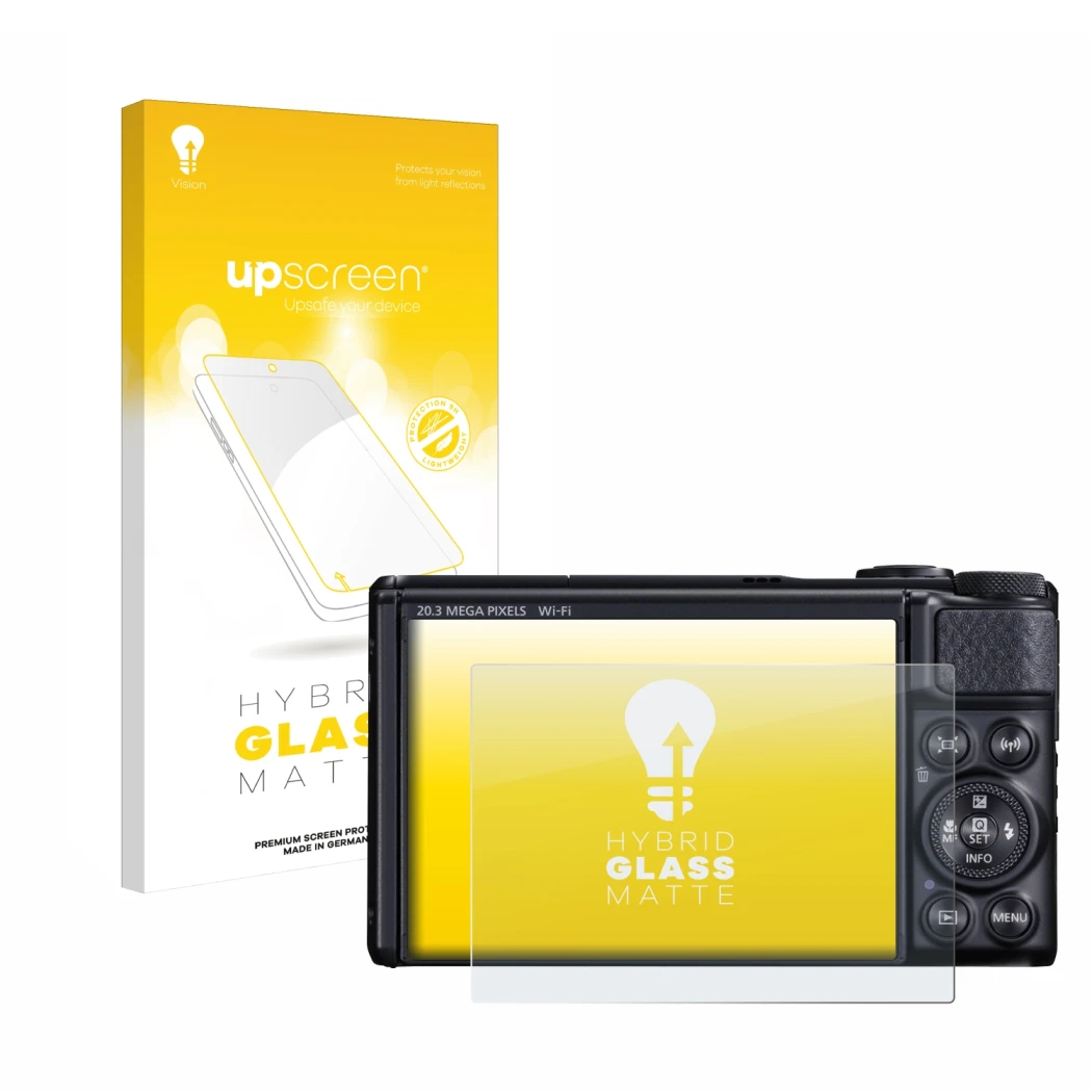 Parte frontal de un envase de producto con el logotipo de la marca upscreen. Al lado se muestra el dispositivo Canon PowerShot