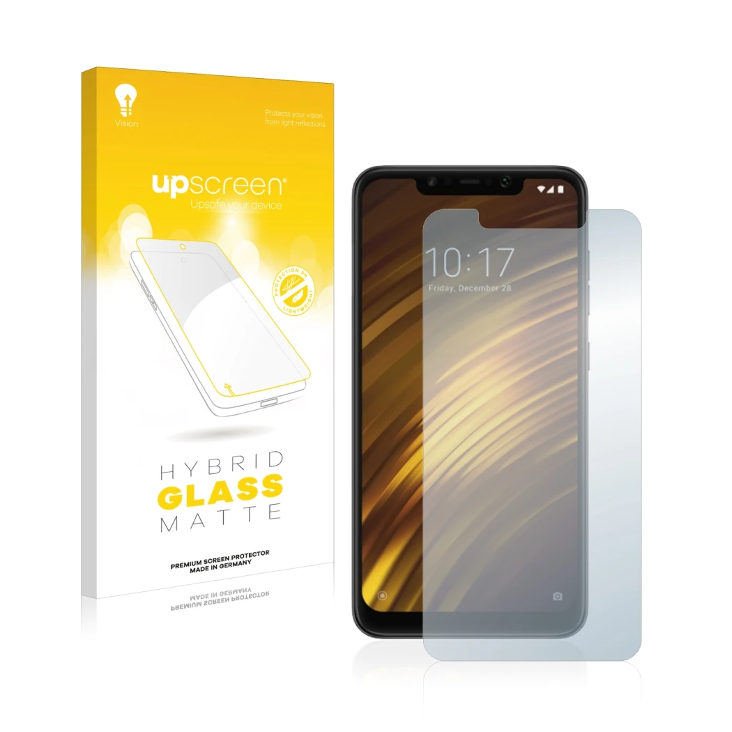 Parte frontal de un envase de producto con el logotipo de la marca upscreen. Al lado se muestra el dispositivo Xiaomi Pocophon