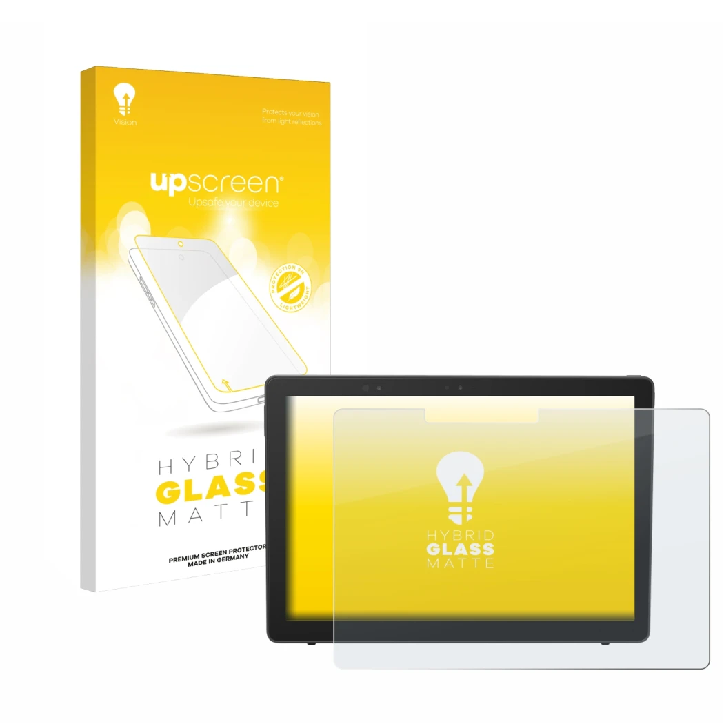 Parte frontal de un envase de producto con el logotipo de la marca upscreen. Al lado se muestra el dispositivo Dell Latitude 5