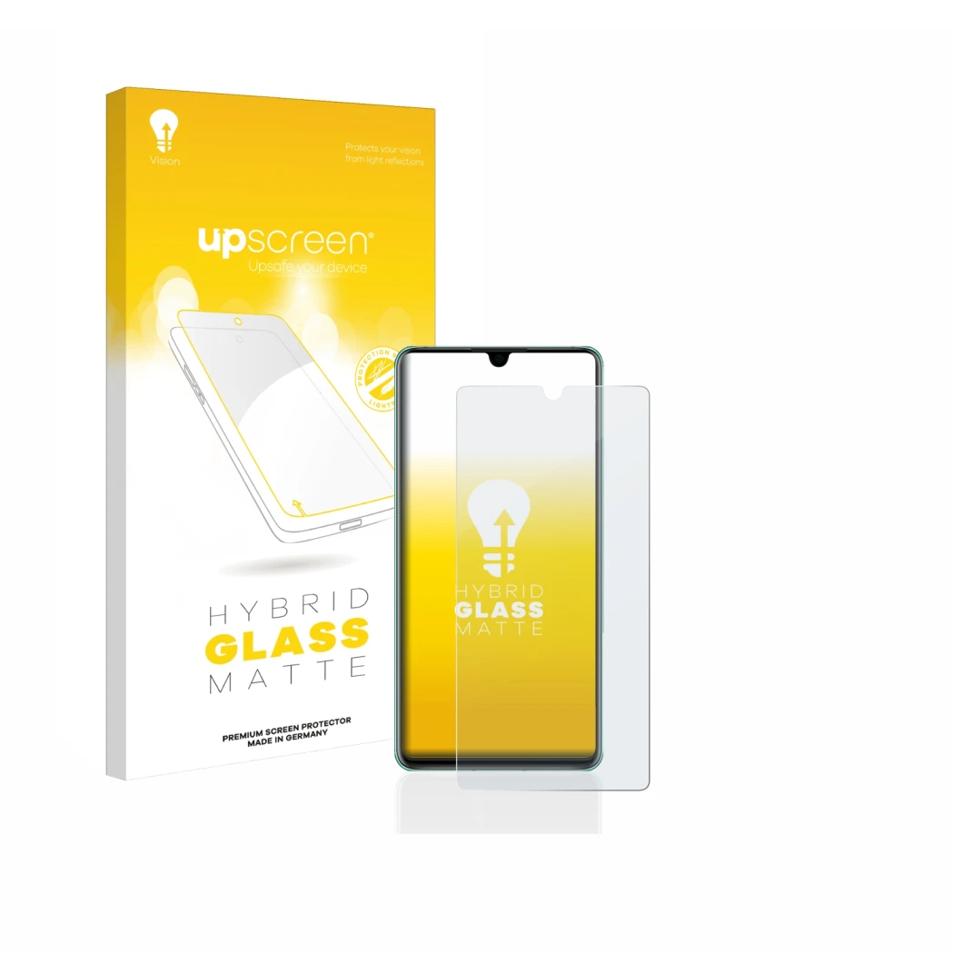 Parte frontal de un envase de producto con el logotipo de la marca upscreen. Al lado se muestra el dispositivo Huawei P30 con 